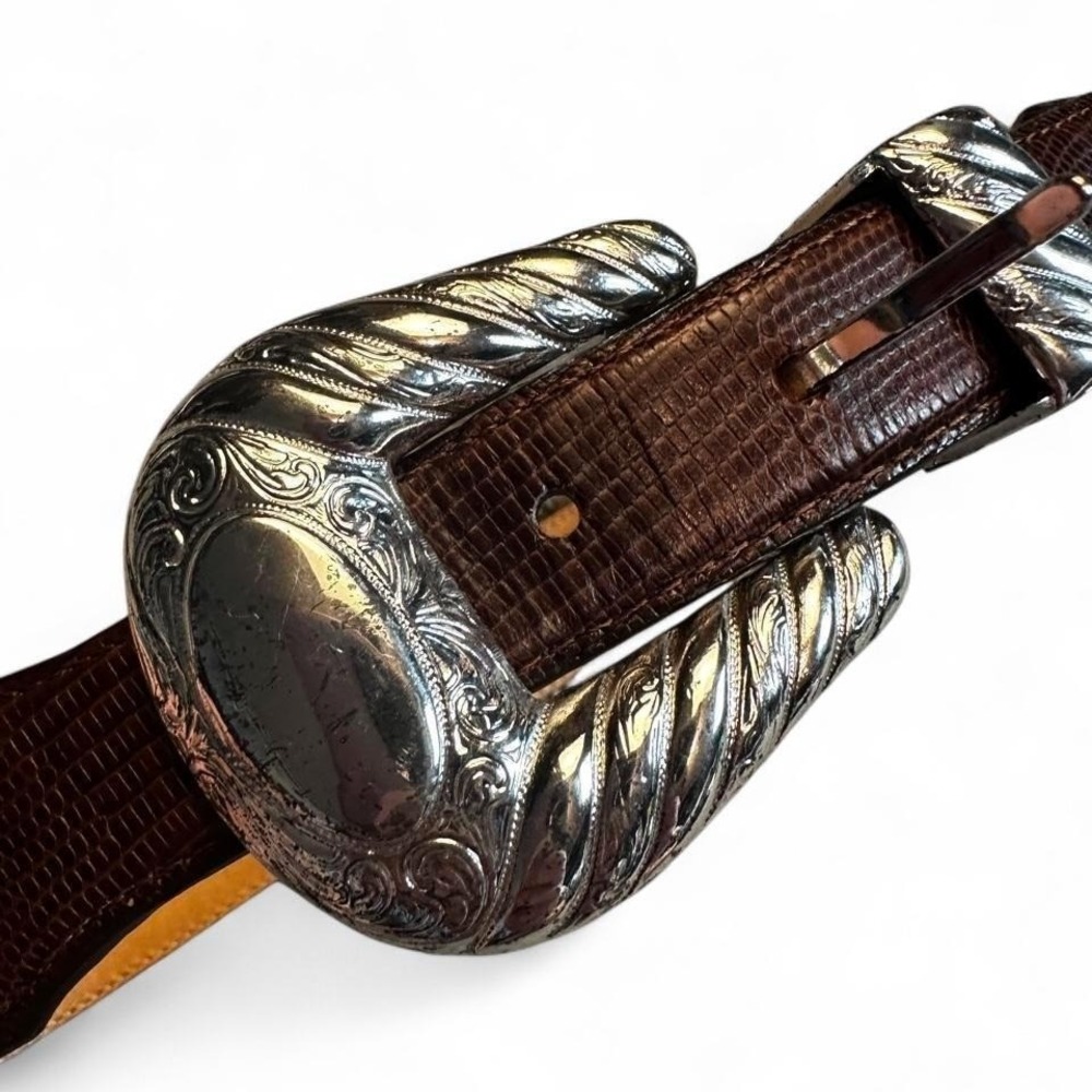 Tony Lama leather western cowboy rodeo belt silver accents buckle size 32